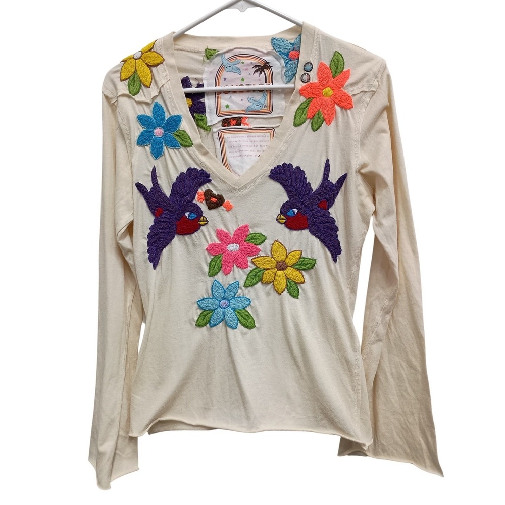 VTG Joystick BOHO Y2K Top Womens Medium Cream Bird Floral Hand Embroidered